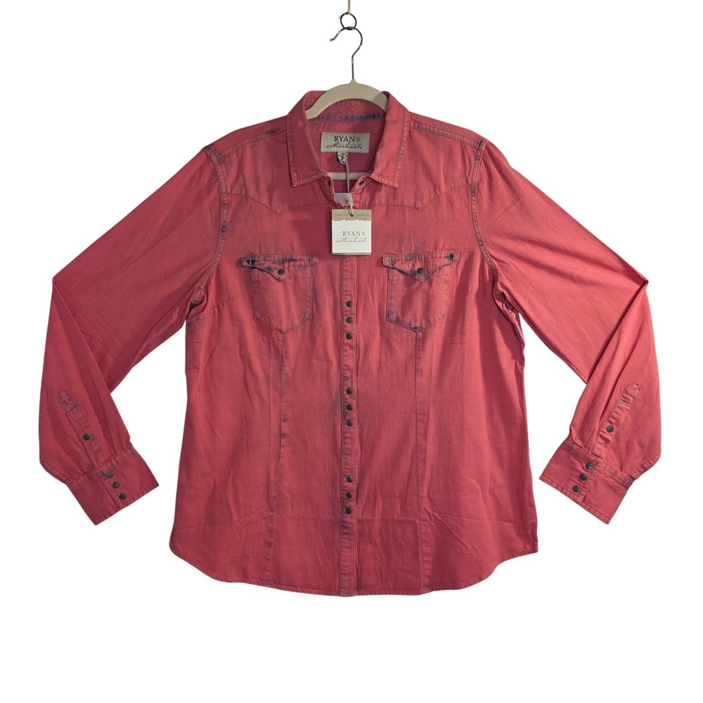 Ryans Michael NWT Coral Washed Denim Western Shirt Pearl Snap Button XL Cowgirl